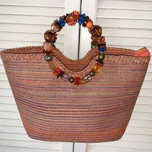Cappelli Straworld purse beaded straps Coral basket style purse vintage